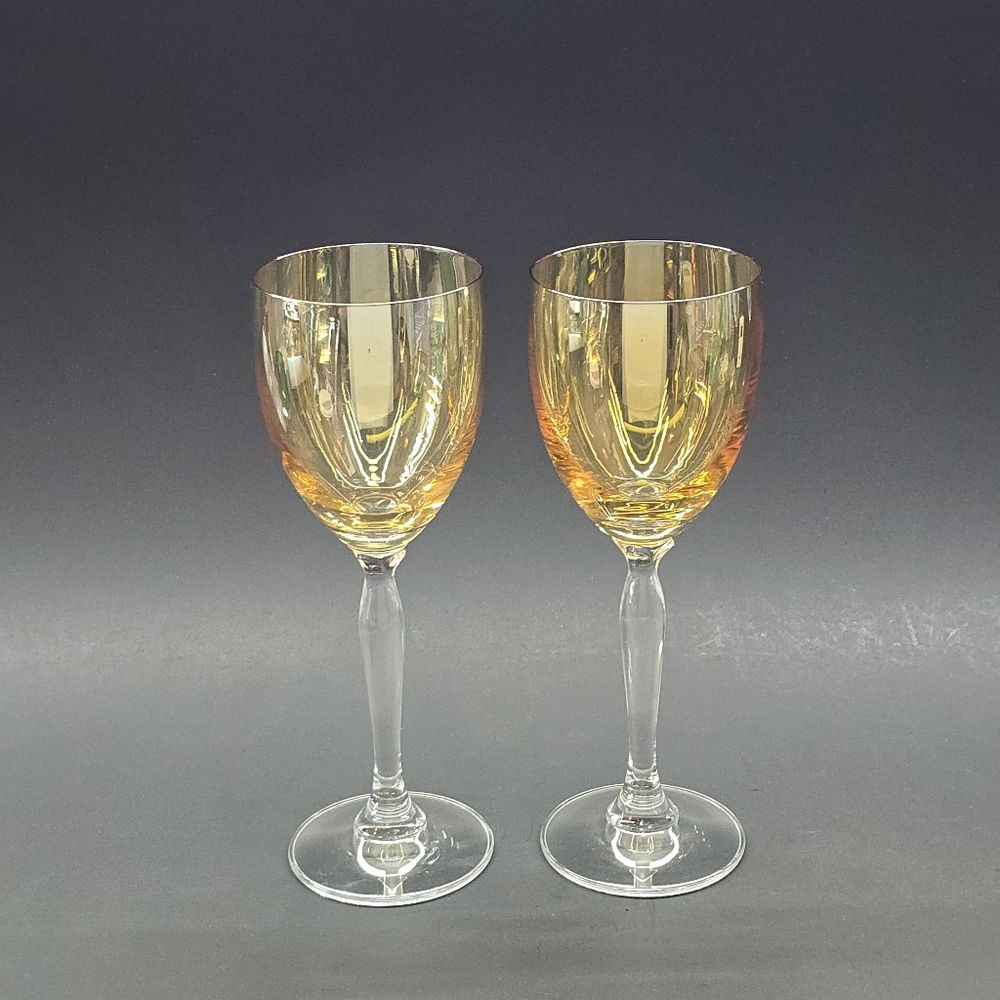 Vintage Pier 1 Gold Iredescent Wine/Water Glasses Clear Stem Blown Glass Set 2